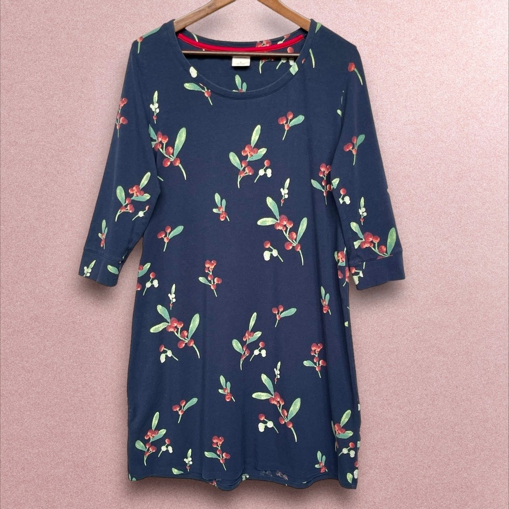 Soma Womens Navy Mistletoe Berry Cotton Modal 3/4 Sleeve Nightshirt Dress Small